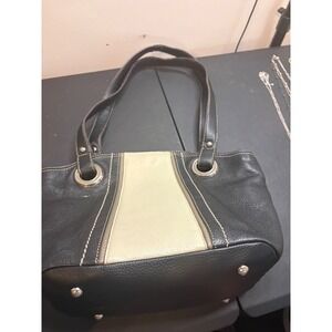 Tignanello Black Cream Leather Colorblock Shoulder Bag Tote Silver Hardware